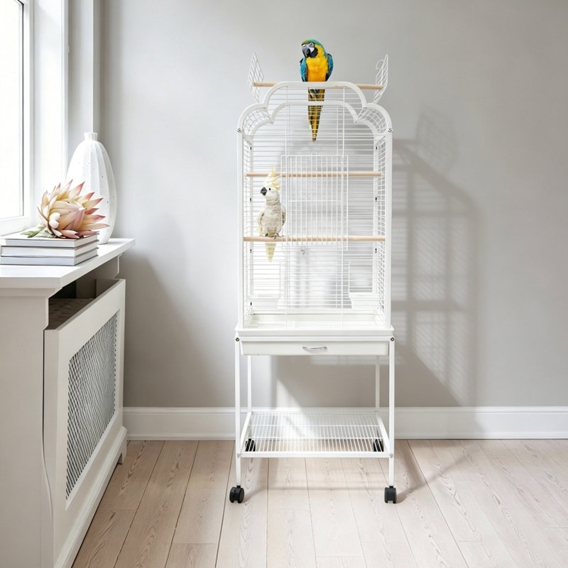 Cage à oiseaux avec toit à double ouverture, plateau coulissant et tablette de rangement, cage à oiseaux avec roues, Blanc
