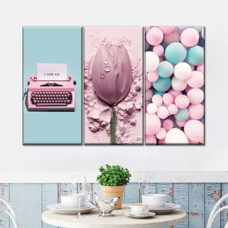 Ensemble de 3 pièces colorées roses sur toile, H 20 po x l 33 po x P 1,25 po