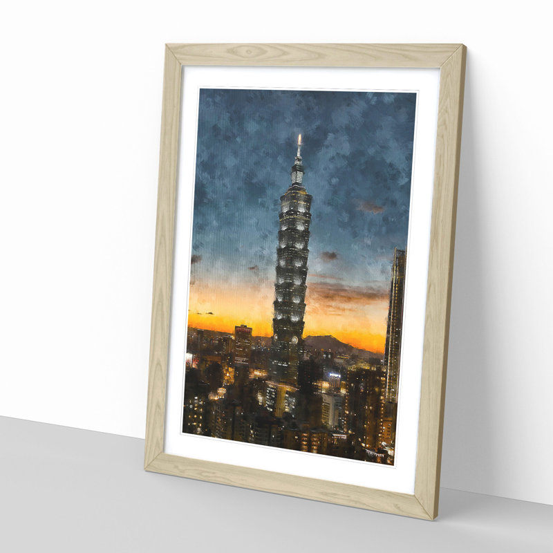 Taipei City in Taiwan Abstract - Picture Frame Graphic Art Print, 45cm H x 33cm W x 2cm D, Oak Framed
