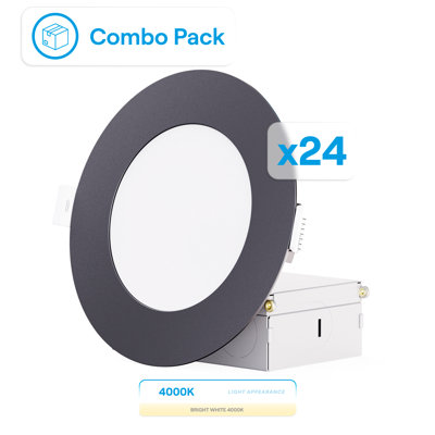 Infibrite 4 Inch Thin Recessed LED Ceiling Light Kit with Cool White 4000 Kelvin Light, Black Finish, 9 Watt, 750 Lumens, Dimmable, Wet Rated, Set of 24