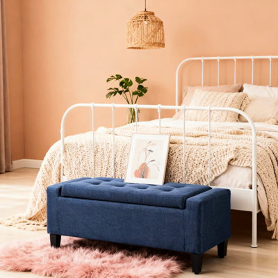 Banc de rangement, tabouret de lit polyvalent en lin bleu foncé, pieds en bois d'hévéa, l 36,25 po, P 15,75 po, H, charge maximale de 330 lb, couvercle rabattable pour siège multi-fonctionnel rapide, housse en lin, poids l x P, idéal