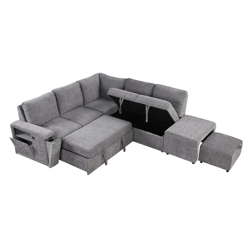 Canapé-lit escamotable en L avec rangement, Polyester gris