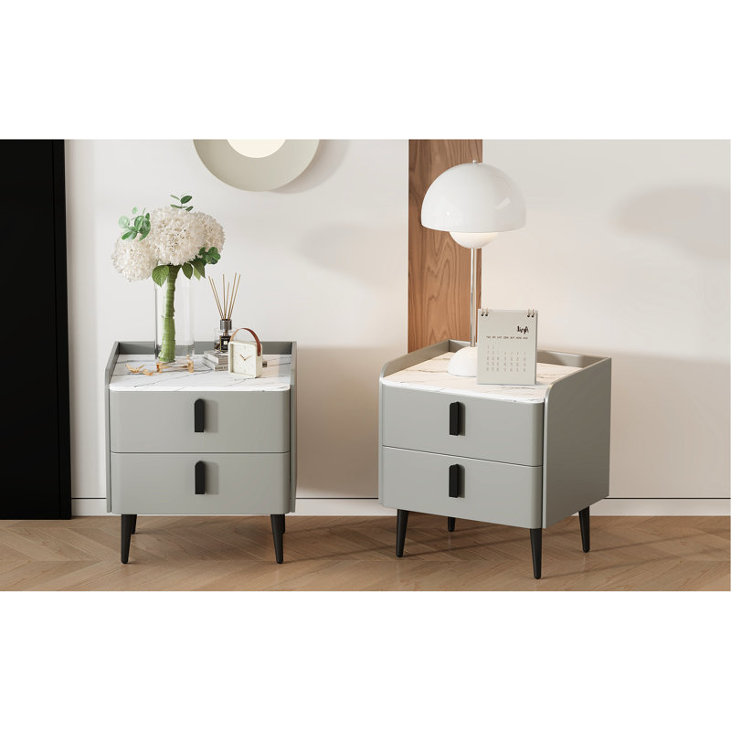 Tables de chevet de 2, table de chevet blanche avec 2 tiroirs et plateau de table en marbre, chambre à coucher idéale à côté, fin de salon, unité centrale, garde-corps réfléchie pour les articles de stabilité, ajout décoratif, plancher