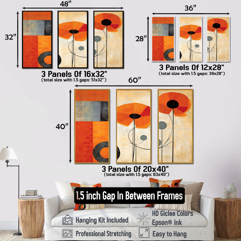 «Bold Orange Cubic Flowers II», ensemble d'art sur toile géométrique, Cadre flottant noir, H 32 po x l 48 po x P 1 po