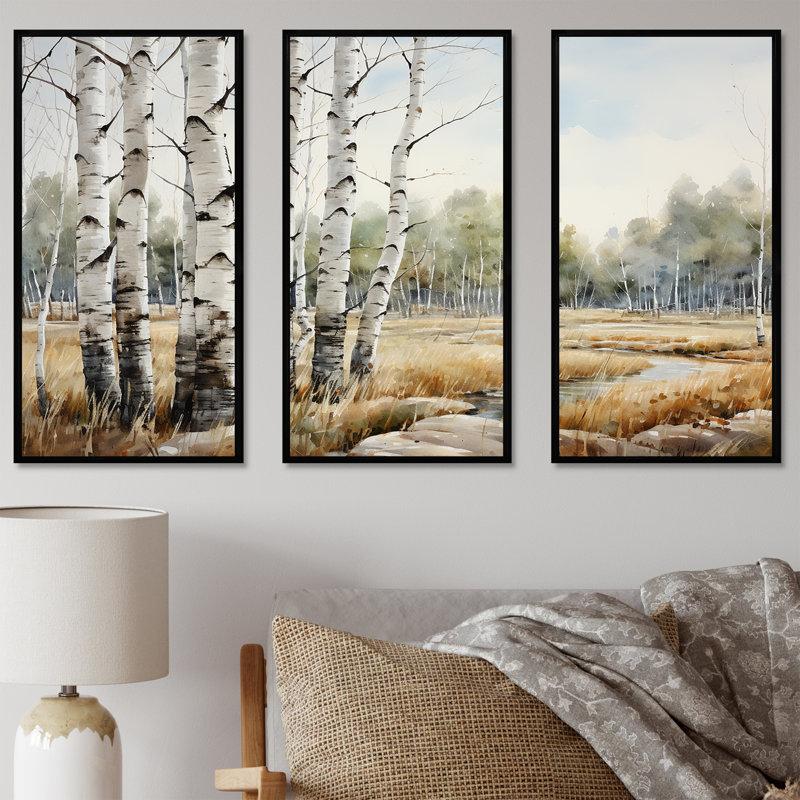 Ensemble d'art mural en toile beige et gris avec bouleau, Cadre flottant noir, H 28 po x l 36 po x P 1 po