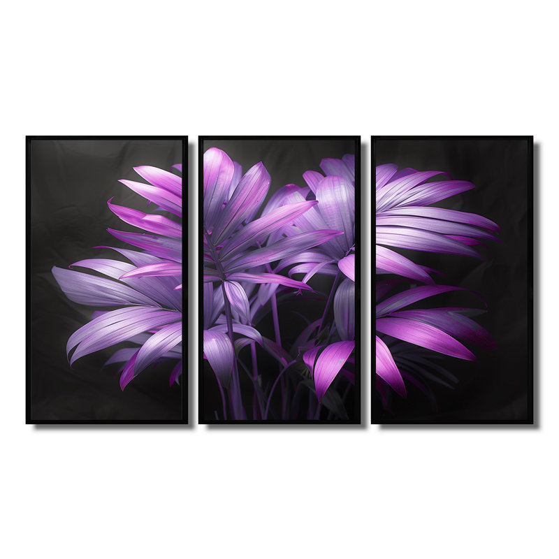 Ensemble de salon mural Crespeown - Palmiers mauves et fleurs mystiques, Toile avec cadre flottant noir