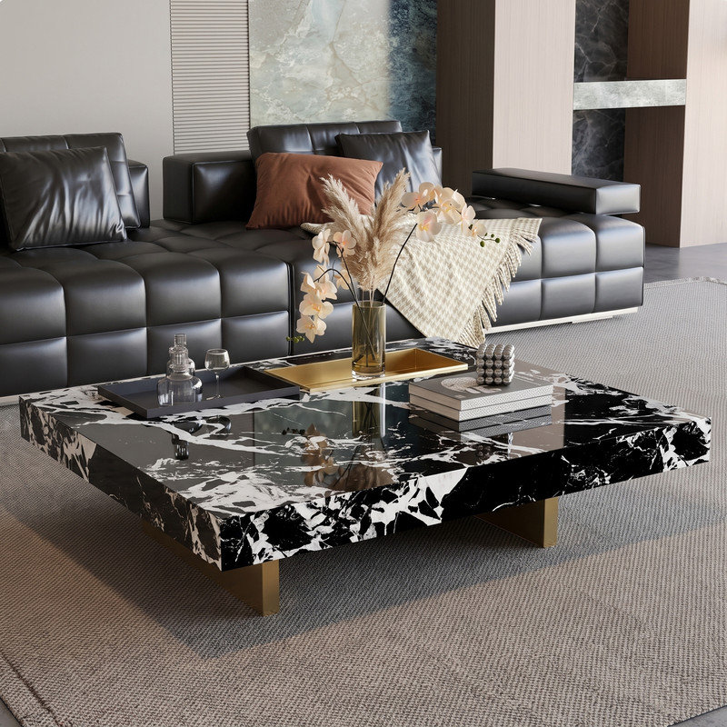 Table basse carrée surdimensionnée 47,24 "pour le salon, centre de table moderne en faux marbre avec base en acier inoxydable doré