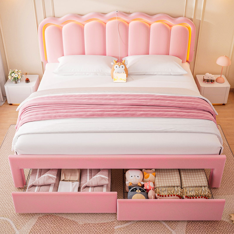 Daphne Upholstered LED Bed Frame With Drawer & Adjustable Headboard, Kids Beds, Full, Pink