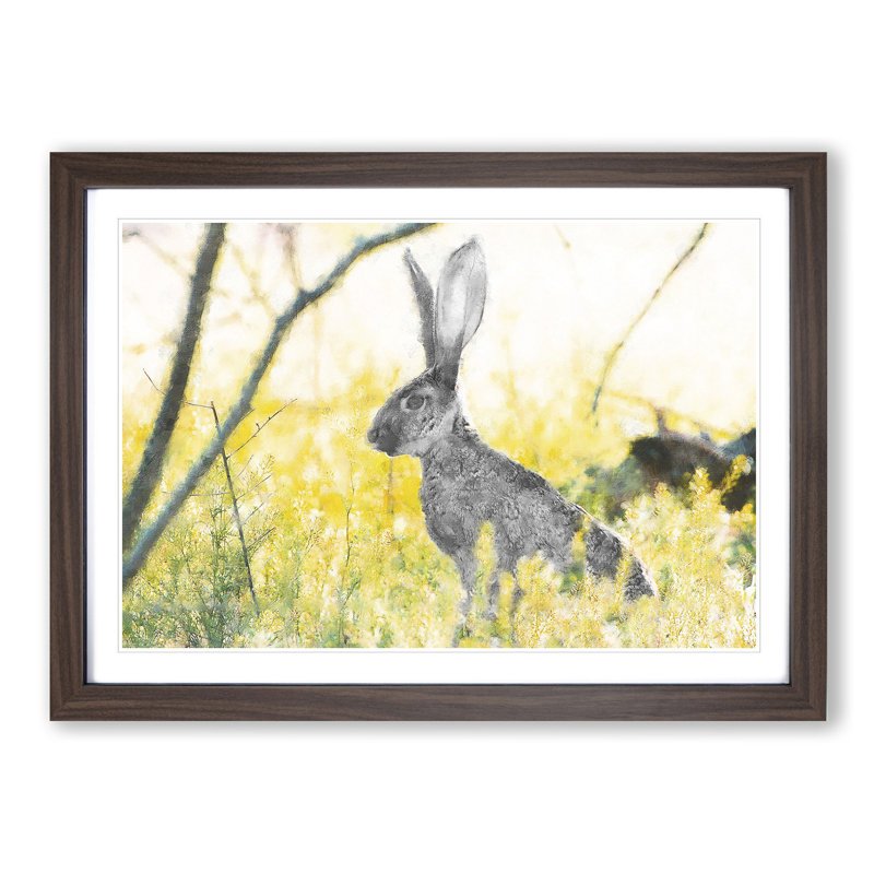 Alert Hare In The Meadow - Single Picture Frame Painting on MDF, 36cm H x 48cm W x 2cm D, Walnut Framed