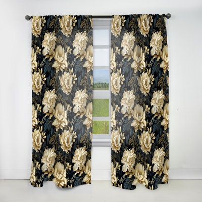Khalig Luxurious Black And Beige Flowers Damask IV - Bohemian Velvet Curtain - Room Darkening - 1 Panel
