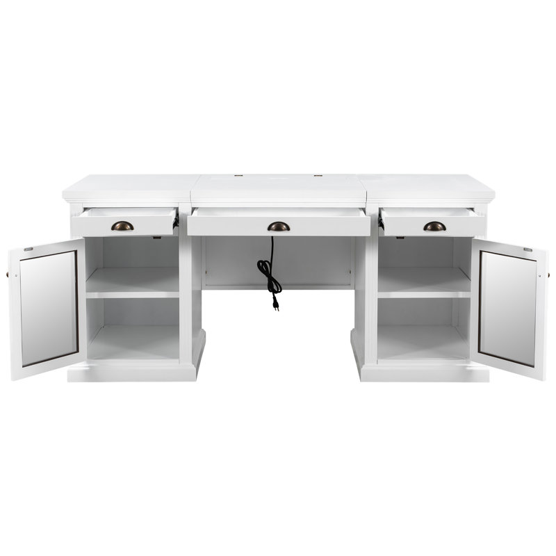 67" Modern Executive Desk,Computer Desk with 2 Glass Doors Storage Cabinet and 3 Drawers, Rectangle Home Office Desk  ,Reading Desk,Writing Table,Workstation for Home Office,Living Room,Study,White