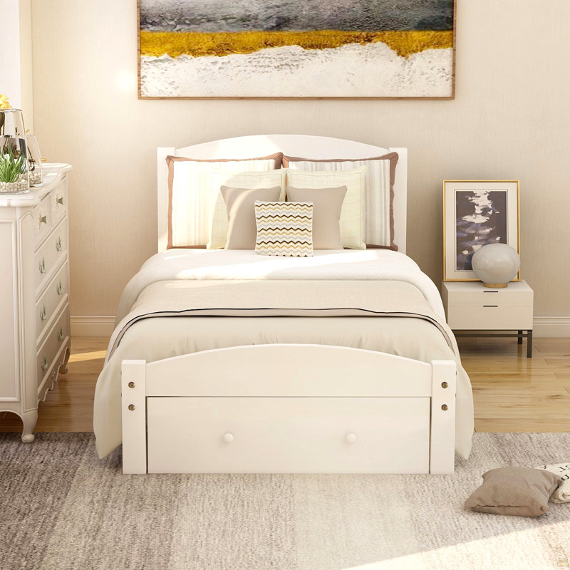 Structure de lit plateforme simple avec tiroir de rangement et support en lattes de bois sans sommier, Blanc