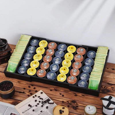 Organisateur de dosettes de café en bambou extensible avec séparateurs réglables, porte-gobelet et tiroir de rangement pour sachets de thé pour comptoir de cuisine et bureau