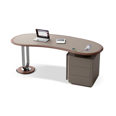 Light-coffee Gray Curved Manufactured Wood Faux Leather Stainless Steel with 3 drawers desk