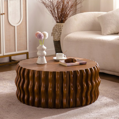 Table basse 38,58 po à nervures ondulées rondes - Table basse Mid-Century en bois massif et panneau de fibres à densité moyenne brun