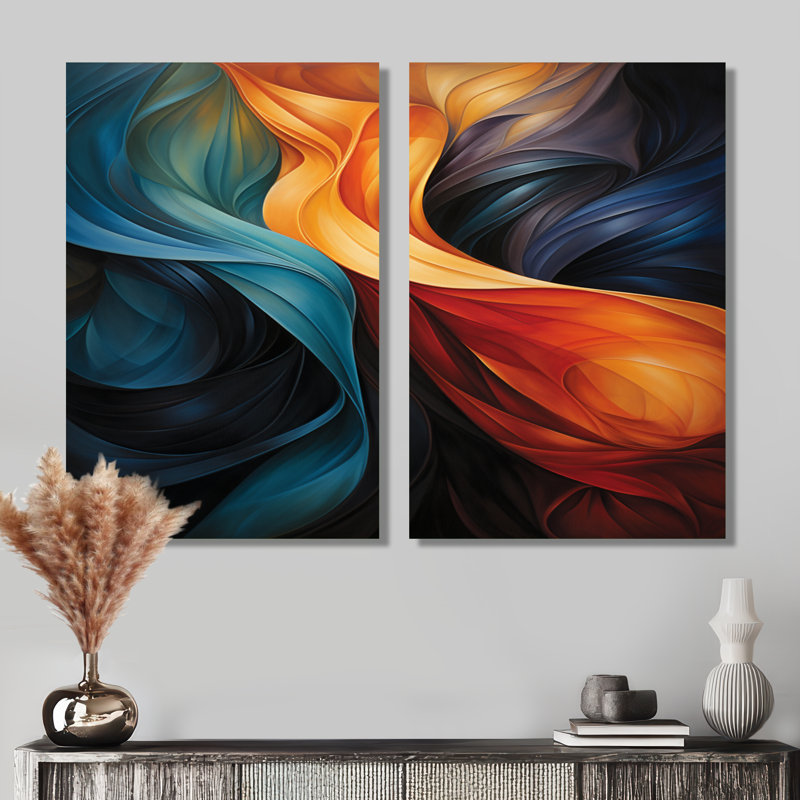 «Retro Blue Orange Liquide Streams - Waves», impression sur toile abstraite sarcelle 2 pièces, H 36 po x l 48 po