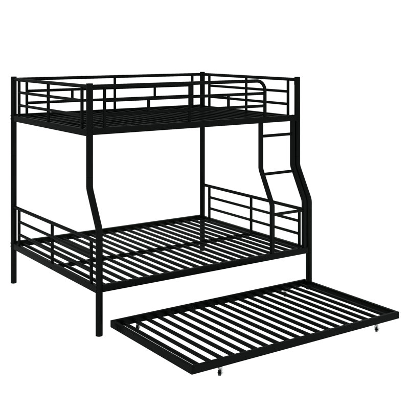 Full XL Over Queen Size Metal Bunk Bed With Underbed Trundle Option, Black