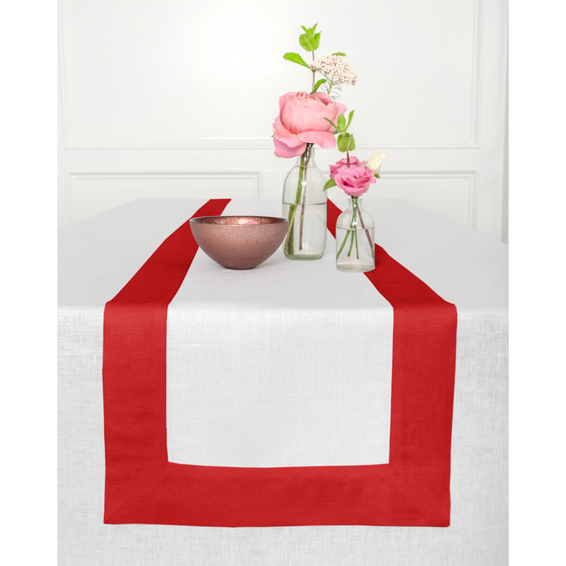 Contempo - 100% Pure Linen Table Runner, Red/White, 72" x 14"