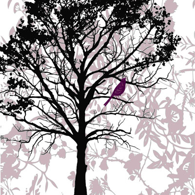 Silhouetted Tree With Plum Bird - Wrapped Canvas Print