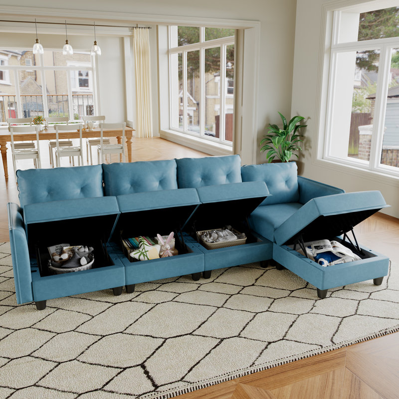 Tomario 111.8" Wide Faux leather Reversible Modular Sofa & Chaise with Storage Ottoman, Blue Faux Leather