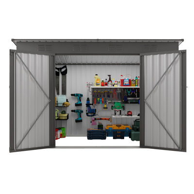 Gray 4X9 Ft Metal Garden Shed With Sloping Roof, 6 Vents And 2 Swing Doors, Protects Water , Keeps Items Fresh Outdoor Storage Doors For Backyard, Garden, Patio, Garage, Lawn - Built Galvanized
