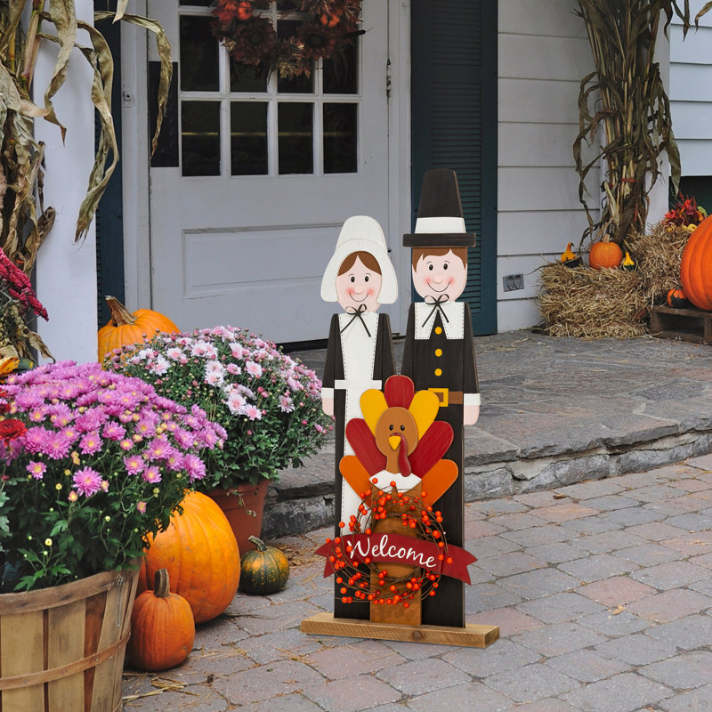 36" Tall Thanksgiving Wooden Pilgrim Couple Porch Sign
