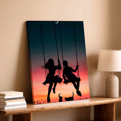 Couple romantique sur balançoire, coucher de soleil, silhouette de lune de lune, impression sur toile, décoration décorative pour la maison, salon, chambre à coucher et bureau, galerie