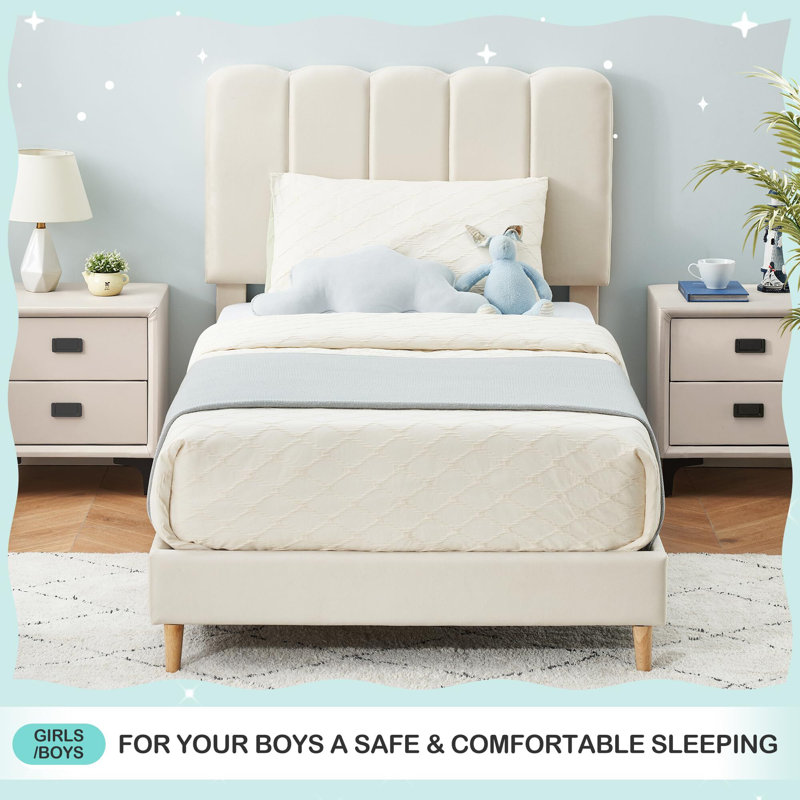 Velvet Upholstered Platform Bed Frame With Headboard, Beige