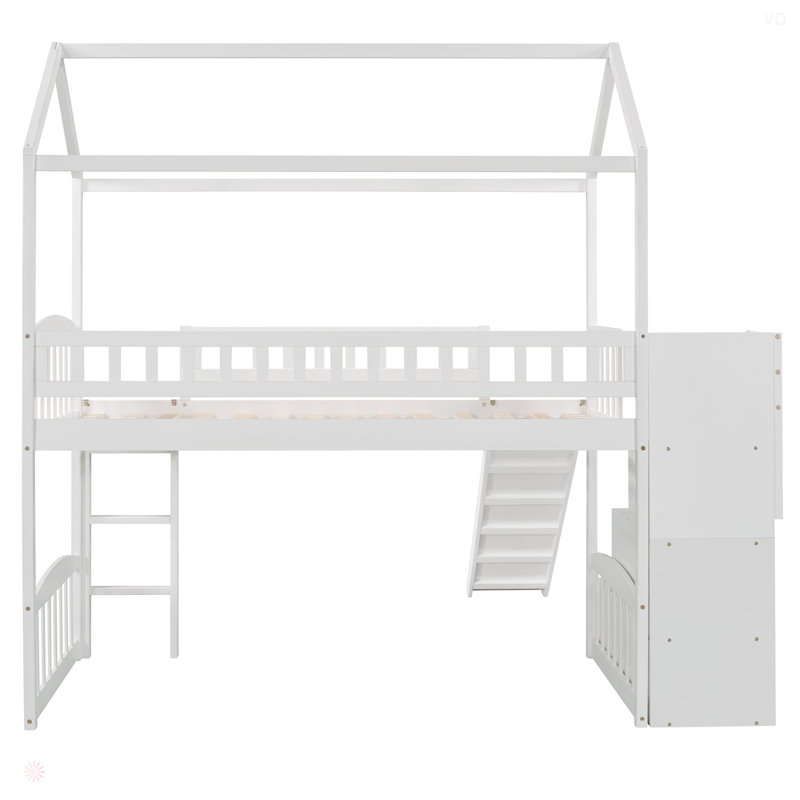 Twin Loft Bed With Two Drawers And Slide, House Bed With Slide
