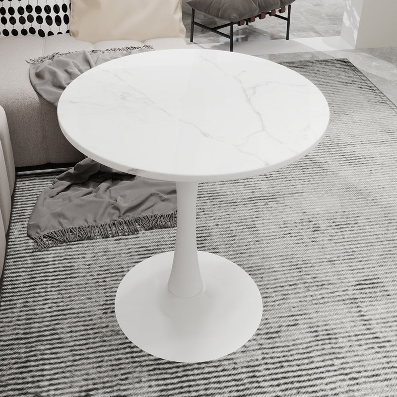 Table basse 27,6 "à effet marbre avec plateau veiné blanc et base piédestal blanche, White/White