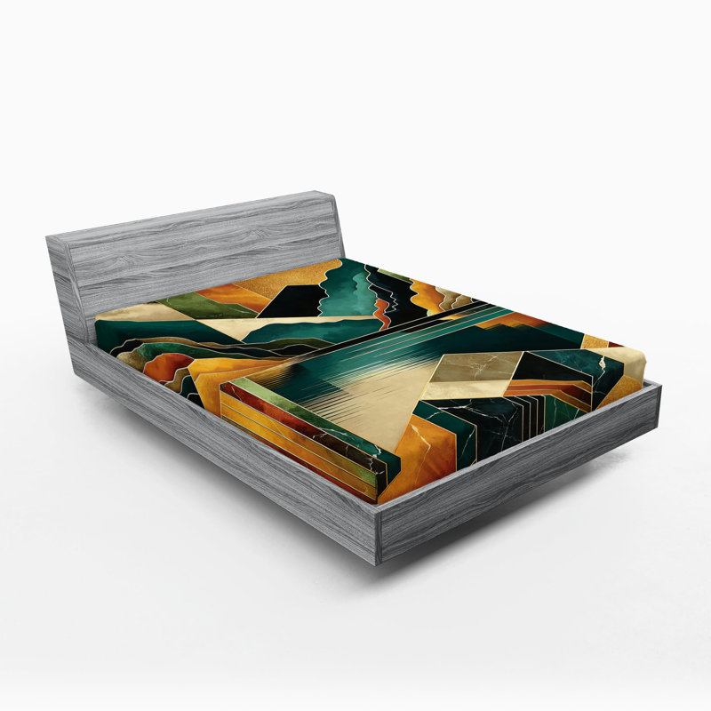Drap-housse moderne Ambesonne Mid Century_ Lake Mountains_ Bleu sarcelle foncé gingembre, Drap-housse grand