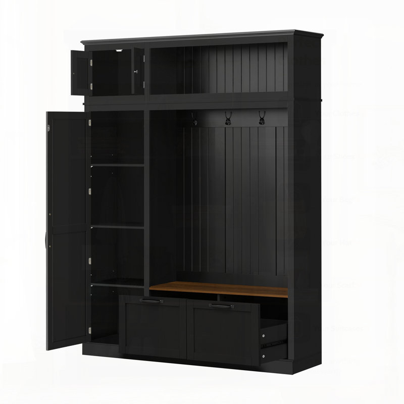 3-In-1 Hall Tree With Overhead Storage, Adjustable Shelves, Heavy-Duty Hooks, Spacious Drawers, And Grooved Back Panel, Perfect For Organized Entryways