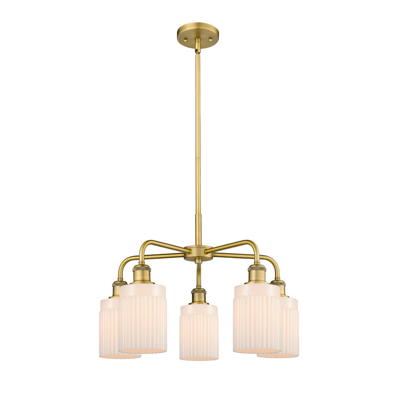 Lustre cylindrique à 5 lumières en acier à intensité variable Neco, Blanc mat, Laiton brossé