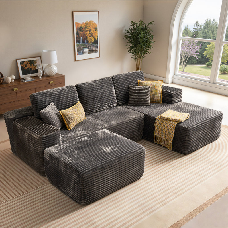 Canapé modulaire en forme de L avec repose-pieds 106 po 106 po, Gris moelleux, Orienté à droite