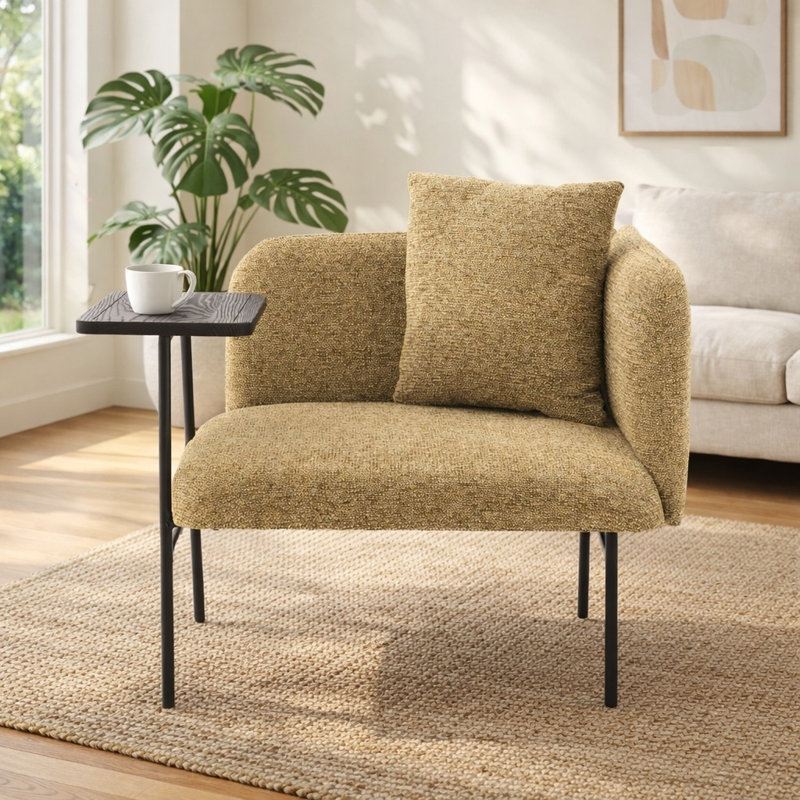 Chaise d'appoint rembourrée Minimalist avec table d'appoint intégrée et pieds en métal, Jaune