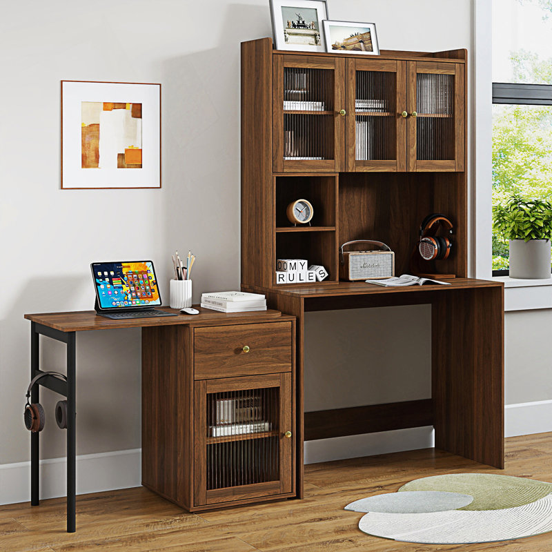 Bureau d'ordinateur multifonctionnel avec bureau rotatif à 90 degrés, Noyer