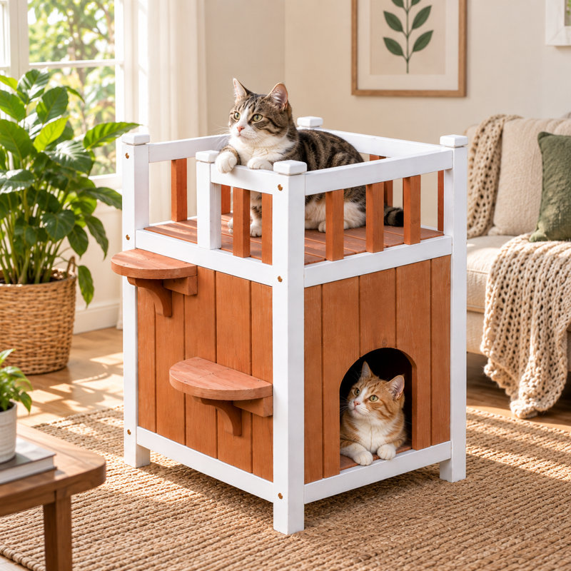 Maison pour chat en bois avec balcon sur le toit et escaliers latéraux – Abri pour chat intérieur et extérieur