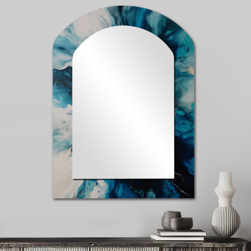 Bleu sarcelle et noir aqueux Whimsy II - miroir décoratif asymétrique abstrait, miroir mural sarcelle, impression d'art en métal