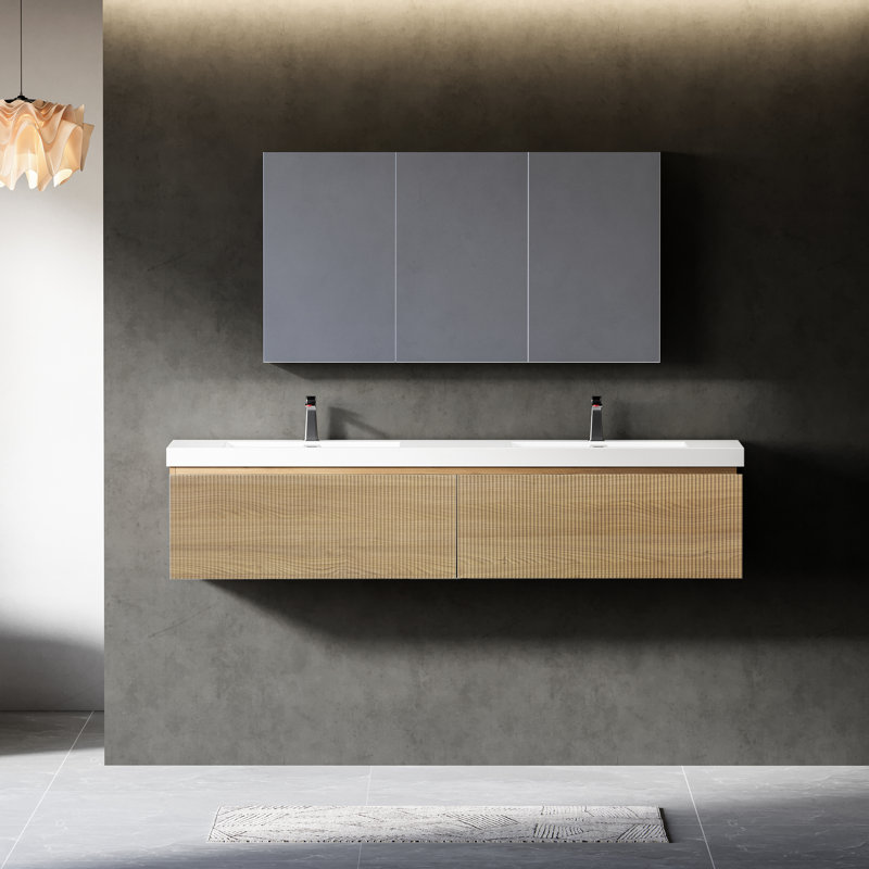 Meuble-lavabo mural 72 po avec deux lavabos à surface solide blanc brillant, tiroirs texturés en chêne naturel, entièrement assemblé pour deux lavabos flottants, système de tiroir facile à utiliser