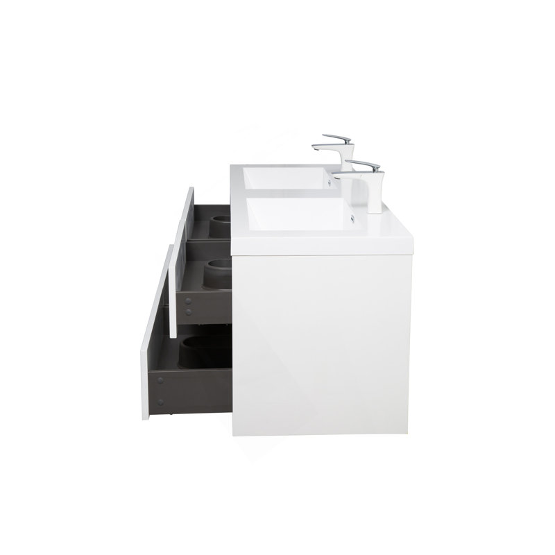 Meuble-lavabo mural 60 po avec lavabo, meuble de rangement flottant pour salle de bain avec comptoir en résine de pierre et tiroirs à fermeture en douceur, blanc brillant