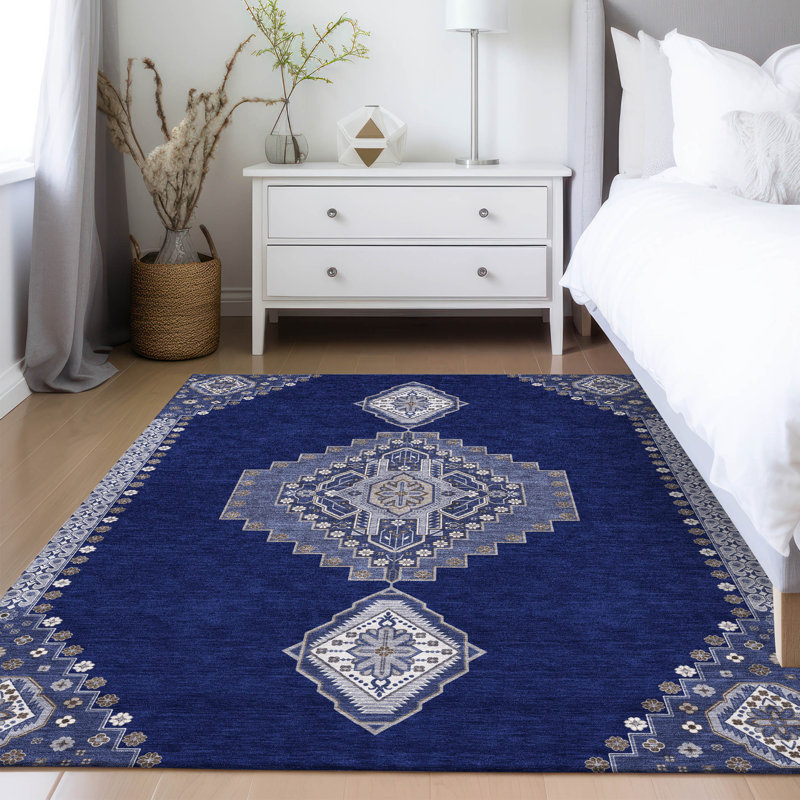 Washable Rectangular White and Navy Medallion Synthetic Rug