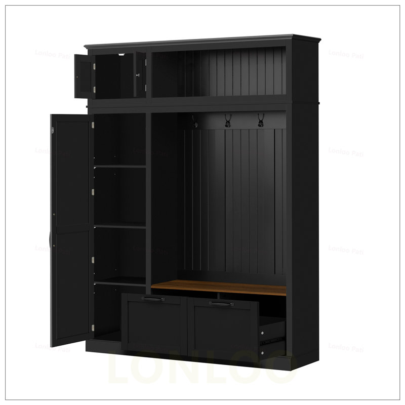 3-in-1 Hall Tree with Overhead Storage, Adjustable Shelves, Heavy-Duty Hooks, Spacious Drawers, and Grooved Back Panel for Entryway Organization