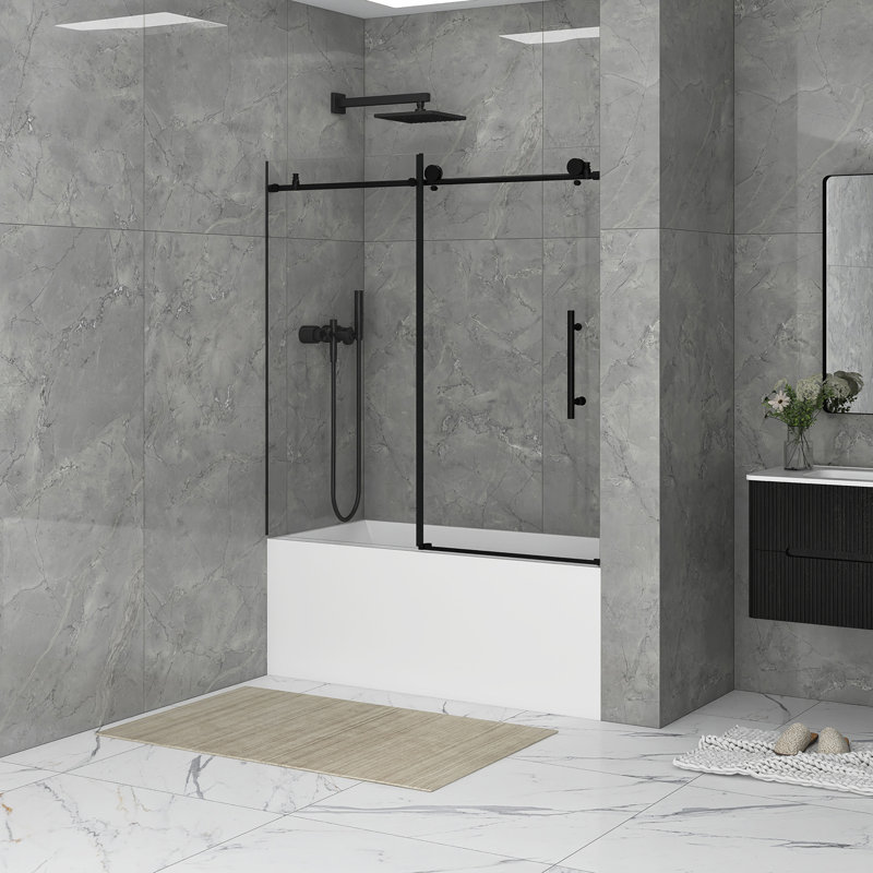 56 à 60 po X P 60 po H Porte de baignoire coulissante sans cadre au fini noir mat avec verre trempé transparent, Noir mat