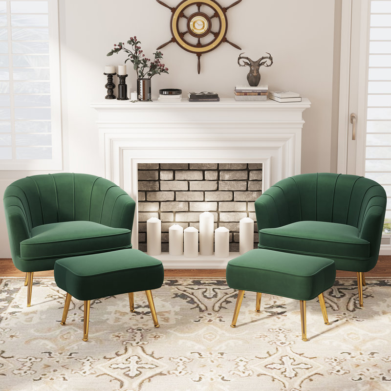 Latonia Upholstered Barrel Chair with Ottoman, Green Velvet