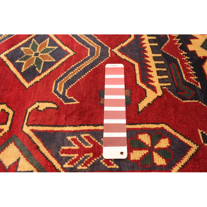 Tapis rouge foncé / jaune en laine noué à la main de conception unique 4 pi x 5 pi 9 po New Age