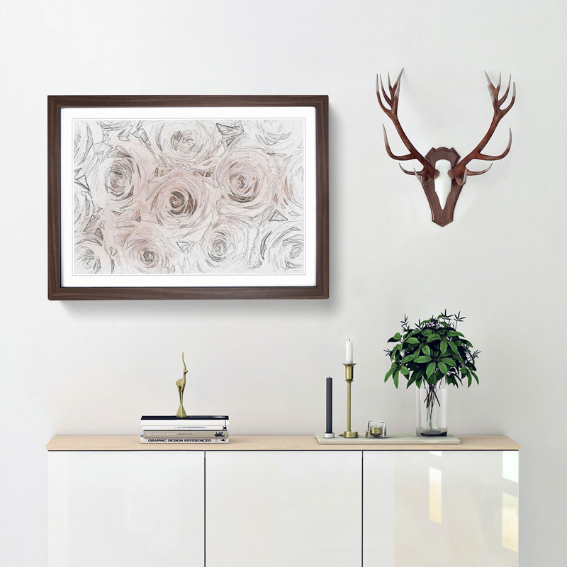 Wall of Pink Roses in Abstract - Picture Frame Graphic Art Print, 35cm H x 50cm W x 2cm D, Walnut