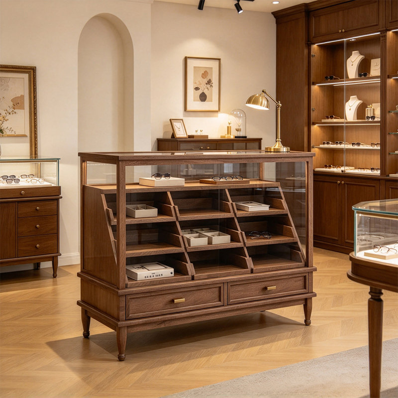 Nut-brown Solid Manufactured Wood Jewelry Display Storage Cabinet with drawer-style storage compartments