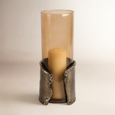 Modern Tinted Glass Candle Holder with Metal Wraparound Accent - Decorative Pillar Candlestick Holder for Tabletop Home Decor - Brown