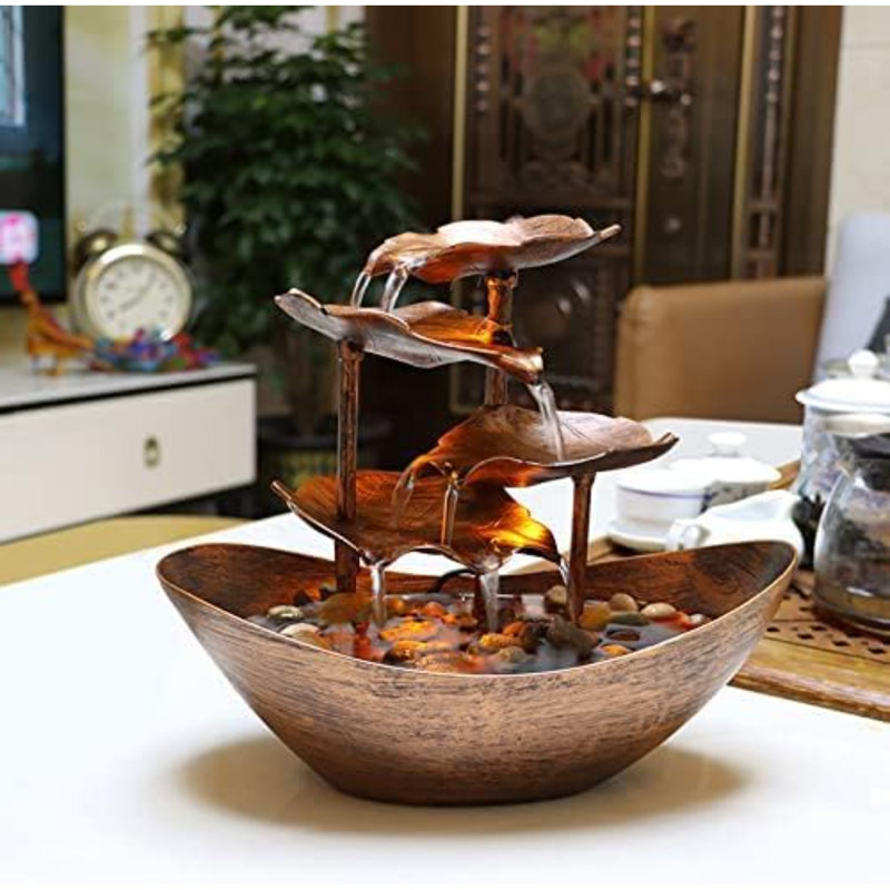 Fontaine de table créative à lingot de lotus avec veilleuse à DEL, pompe automatique USB et fontaine décorative pour bureau à domicile (couleur bronze)
