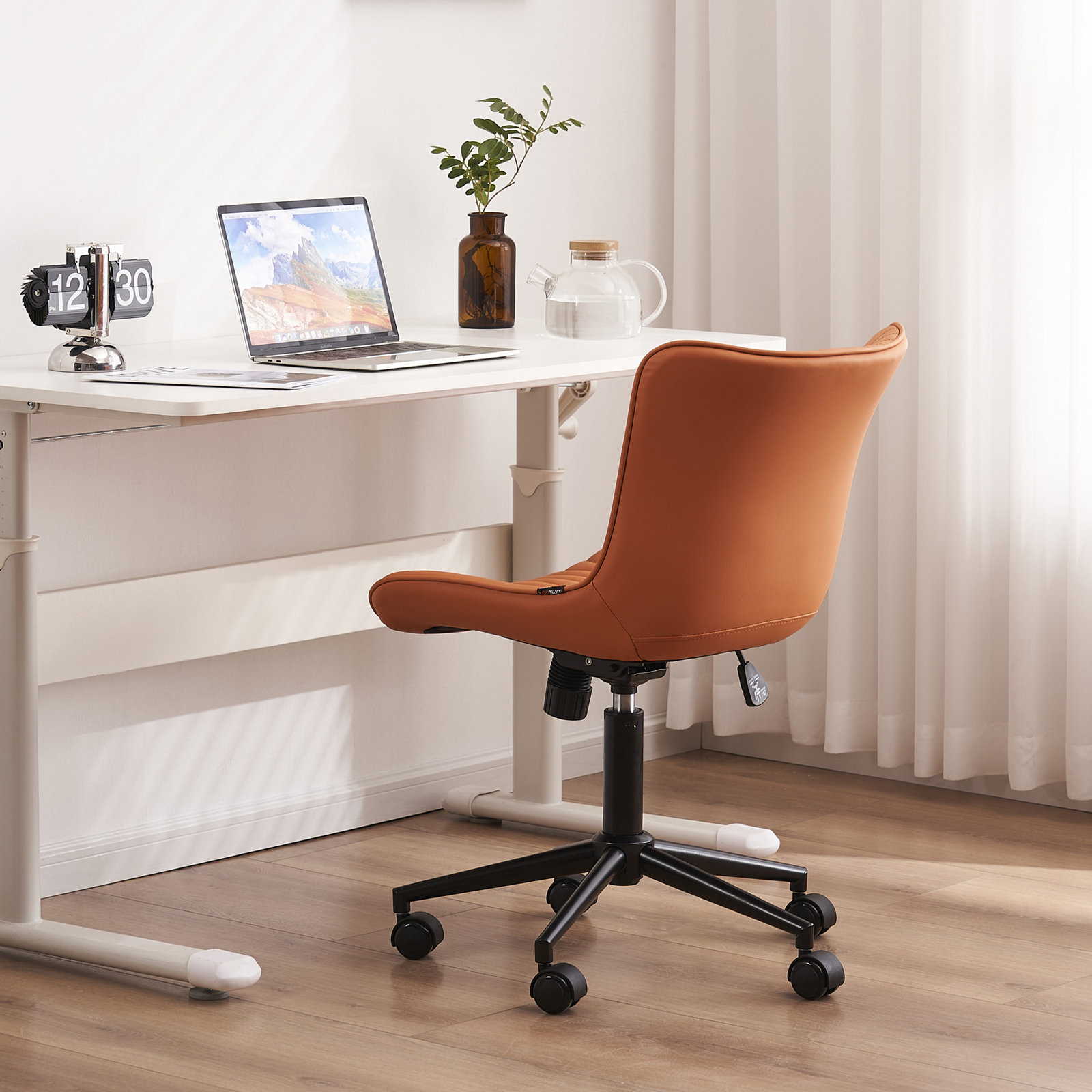 Brionni Leather Swivel Task Chair with Casters, Camel Seat/ Black Frame